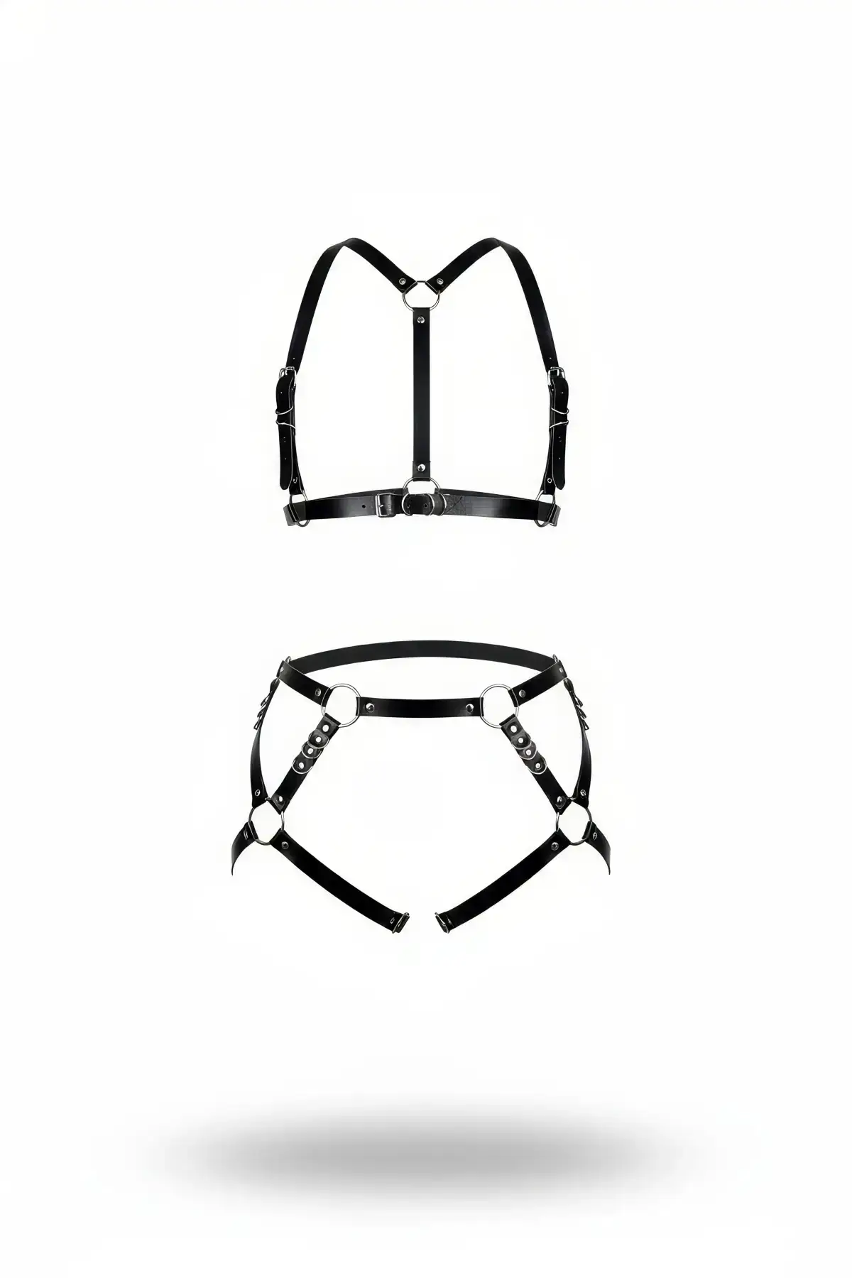 Black Leather Harness Set with Metal Ring Details - SH480