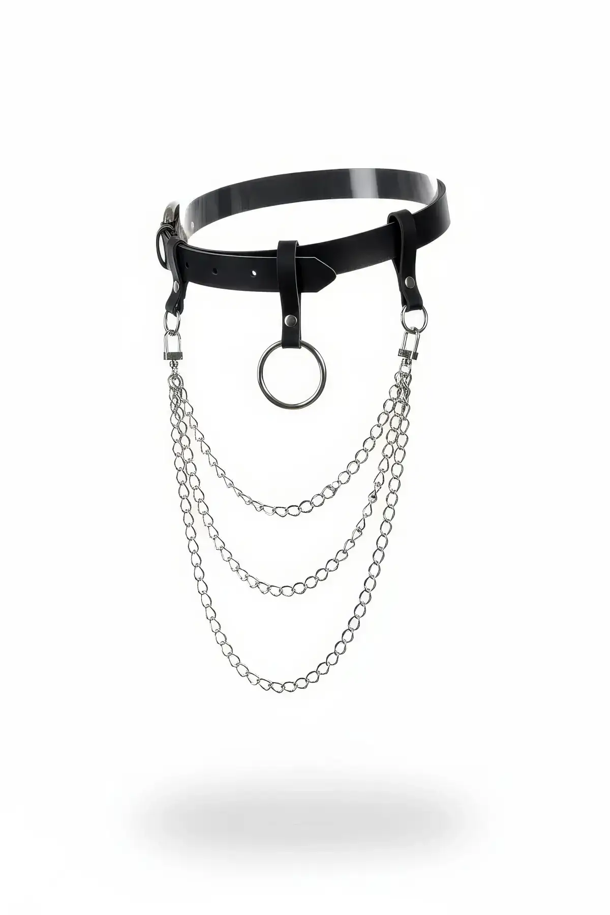 Black Women's Belt with Chain Detail and O-Ring Accessory - SH484