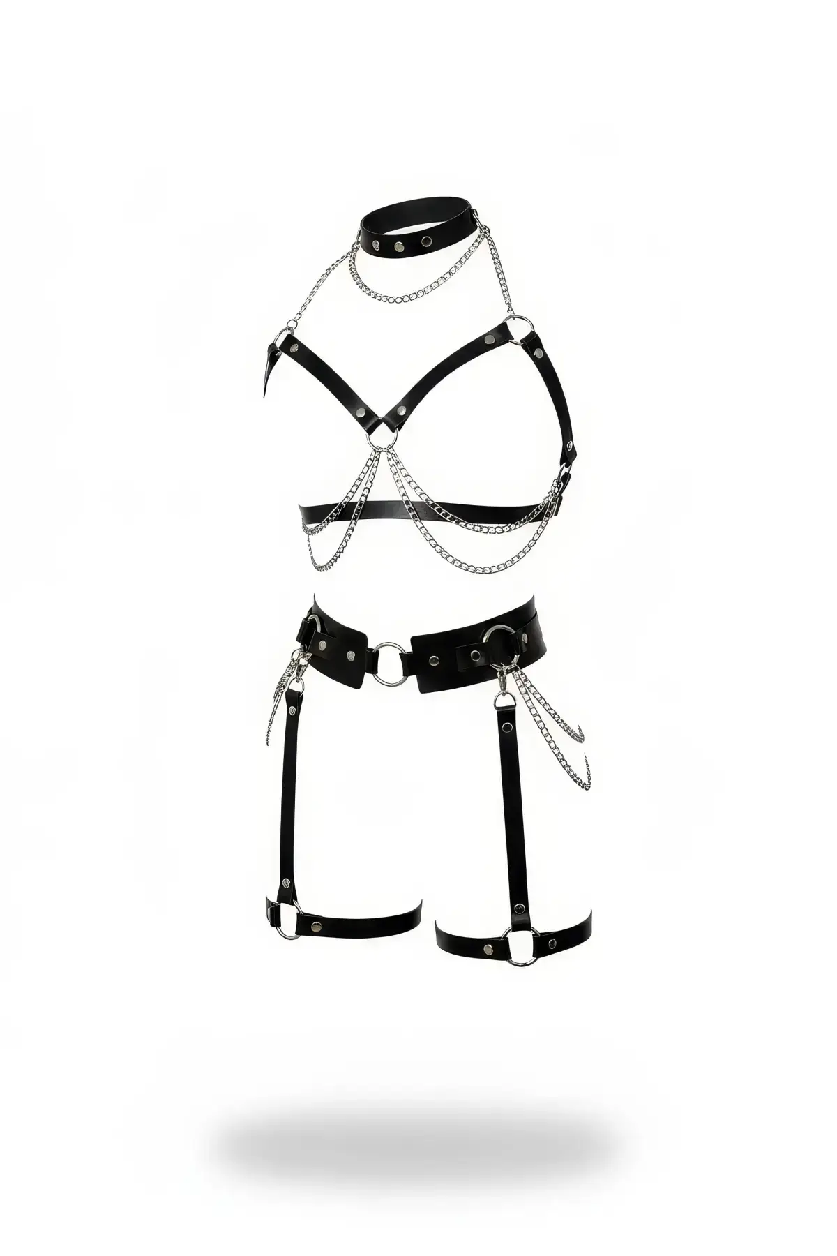 Black Harness Set with Chain Detail, Leather High Neck Garter Set - SH486