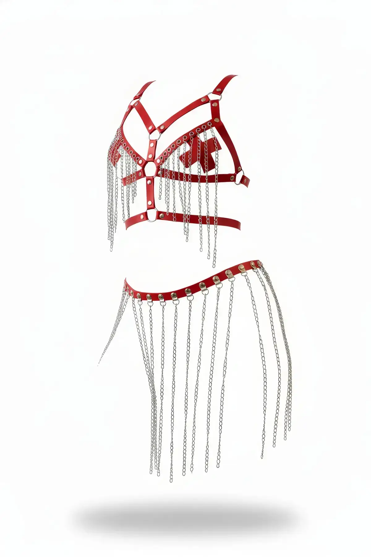 Kırmızı Zincir Detaylı Halka Aksesuarlı Deri Etek SH496