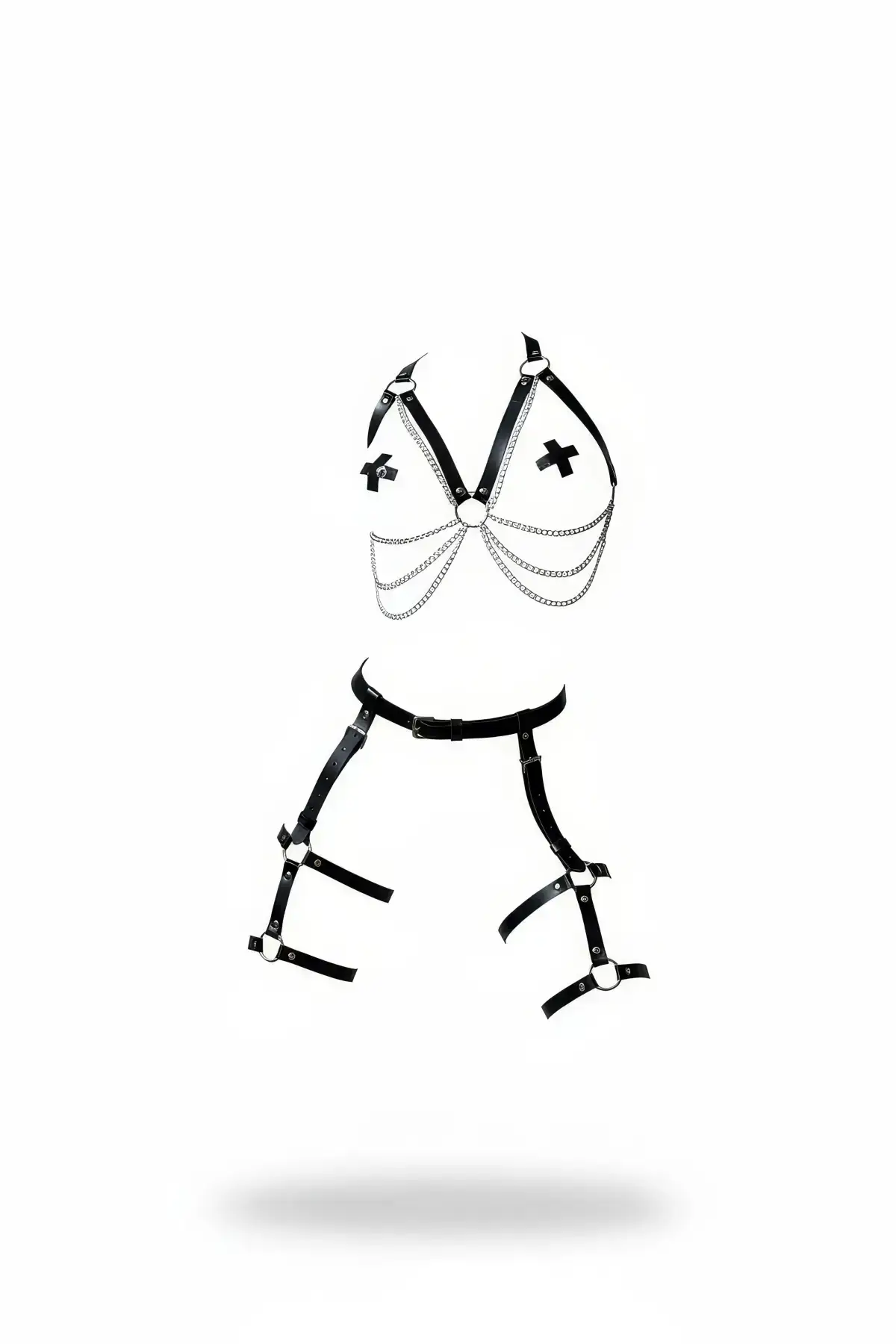 Black Harness Set with Chain Detail, Leather Body Accessory - SH497