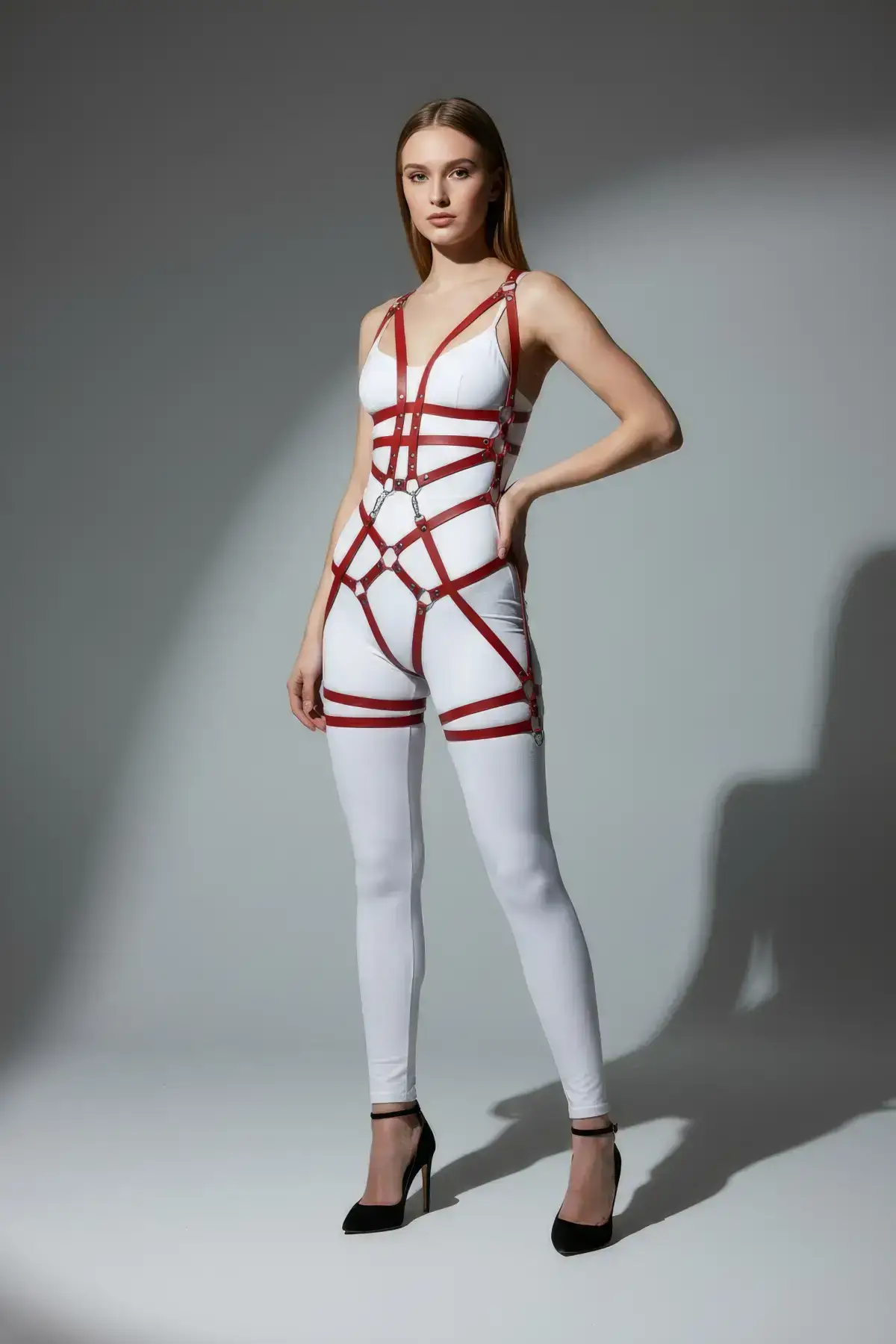 Red Garter Harness, Faux Leather with Metal Ring Detail - SH502