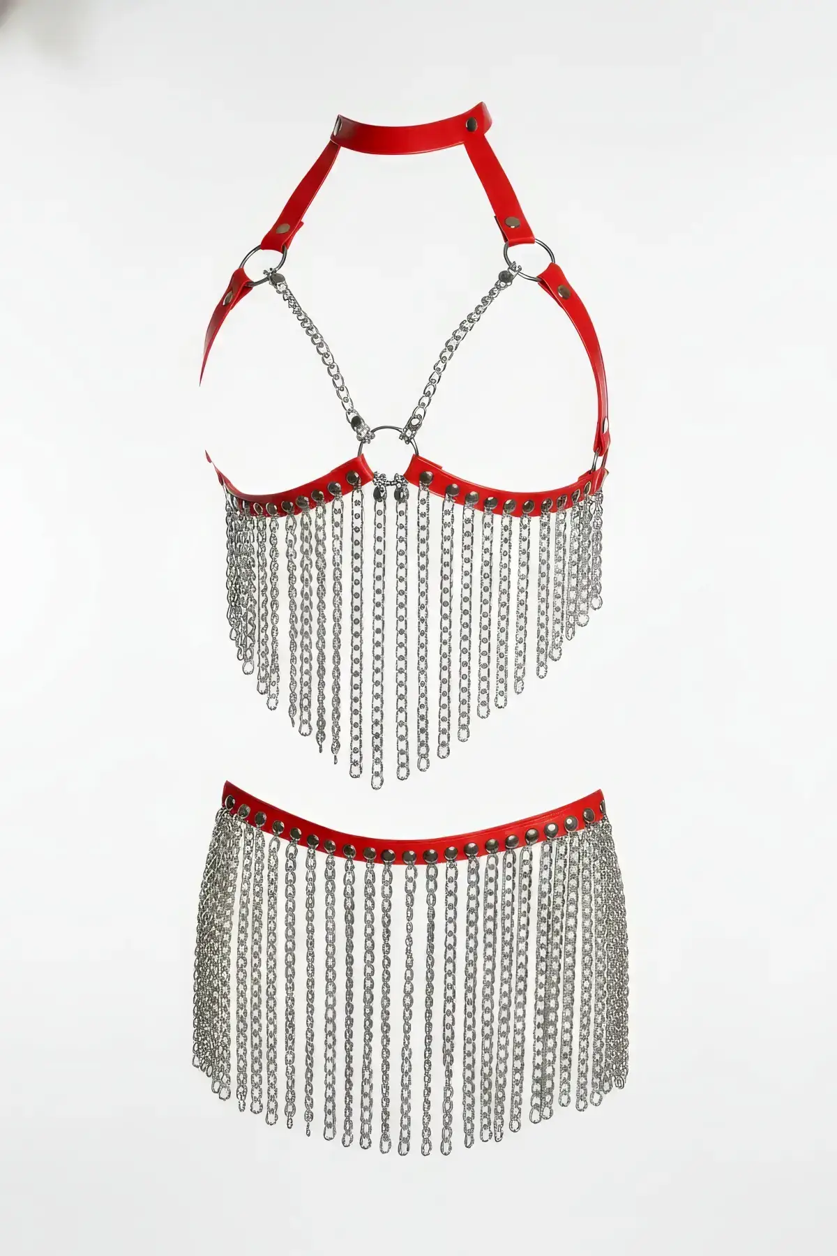 134684.webp Zincir Detaylı Kırmızı Suni Deri Mini Etek SH504 - Image 1