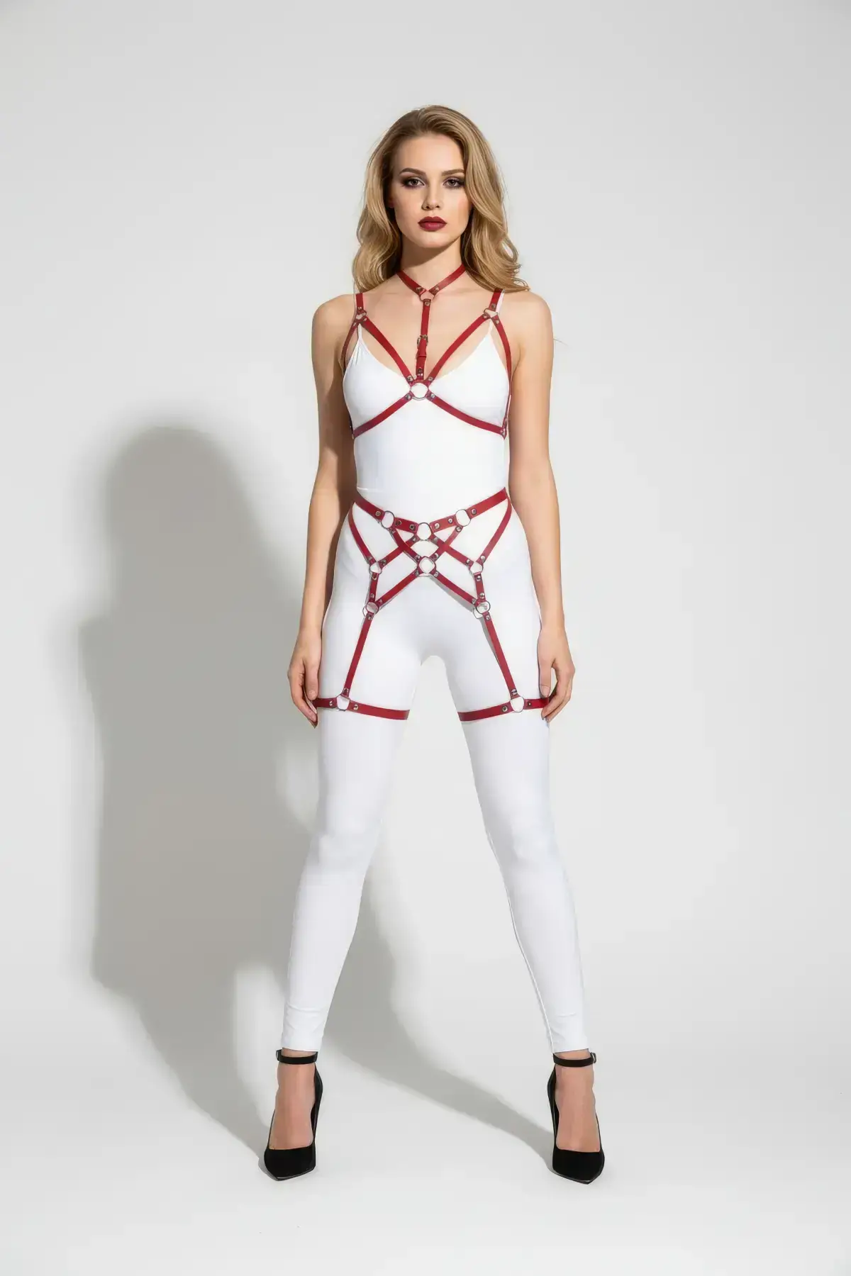 Red Garter Harness with Leather Ring Detail and Neck Strap - SH507