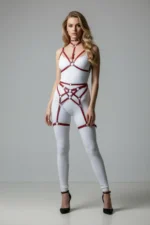 Red Garter Harness with Leather Ring Detail and Neck Strap - SH507 - Image 2