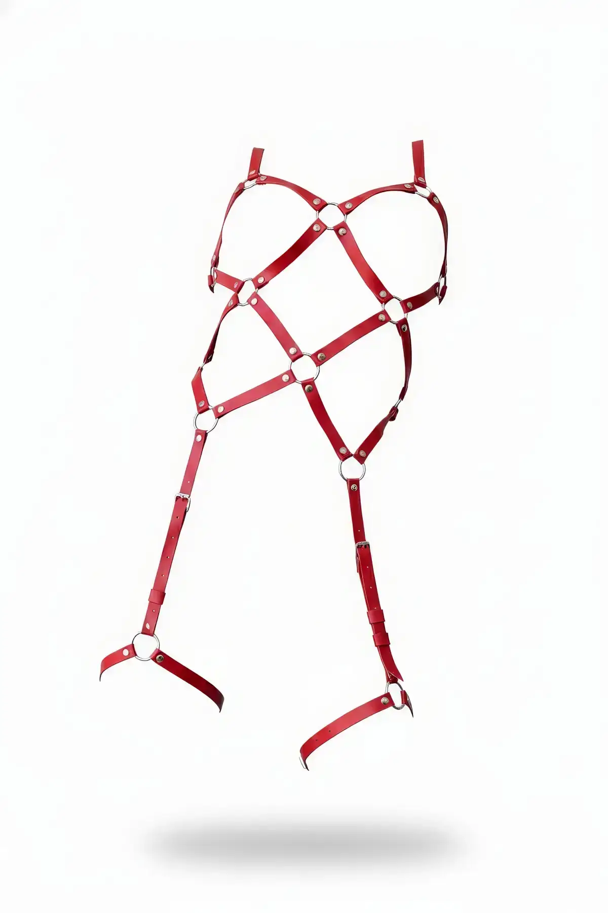 Red Garter Harness, Leather Cage Design with Ring Details - SH508