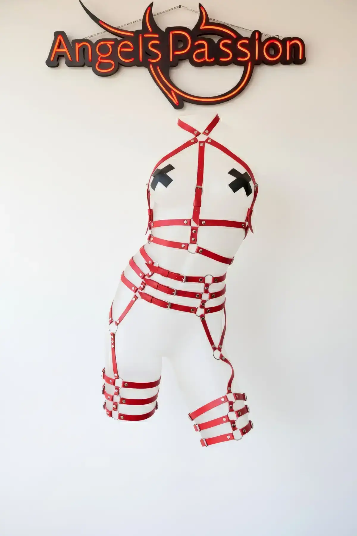 Red Garter Harness Full Body Leather with Buckle - SH524