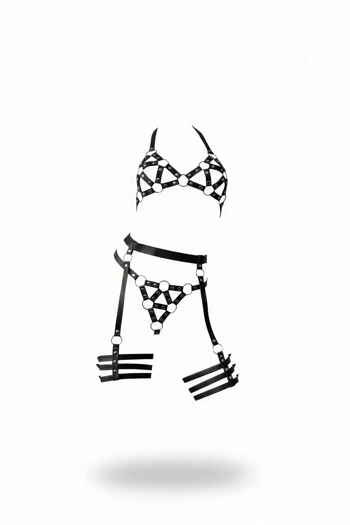 Black Harness Set with Metal Ring Detail and Garter Belts - SH530