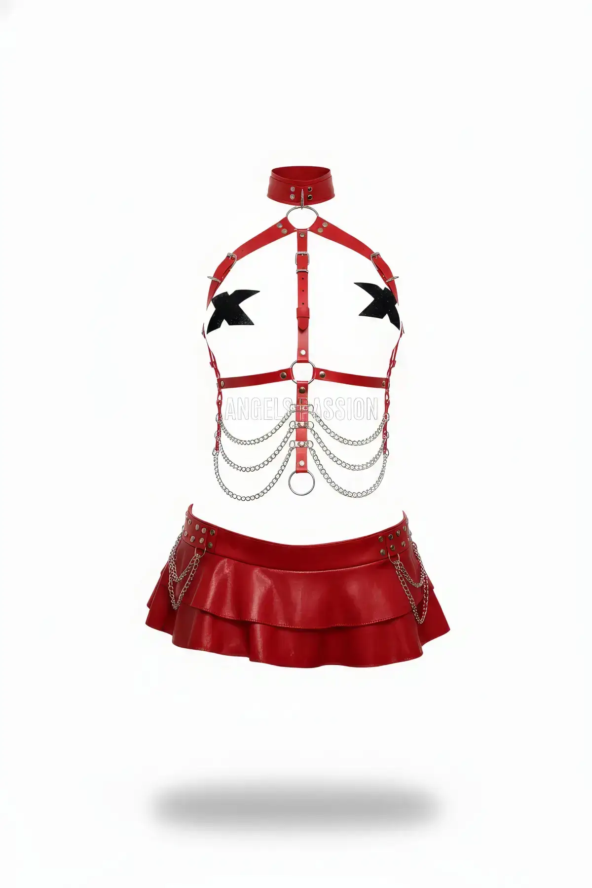 Red Women's Leather Body Harness with Chain Detail - SH531