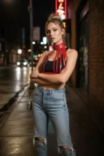 Red Women's Belt with Studded Leather O-Ring Detail - SH551 - Image 2