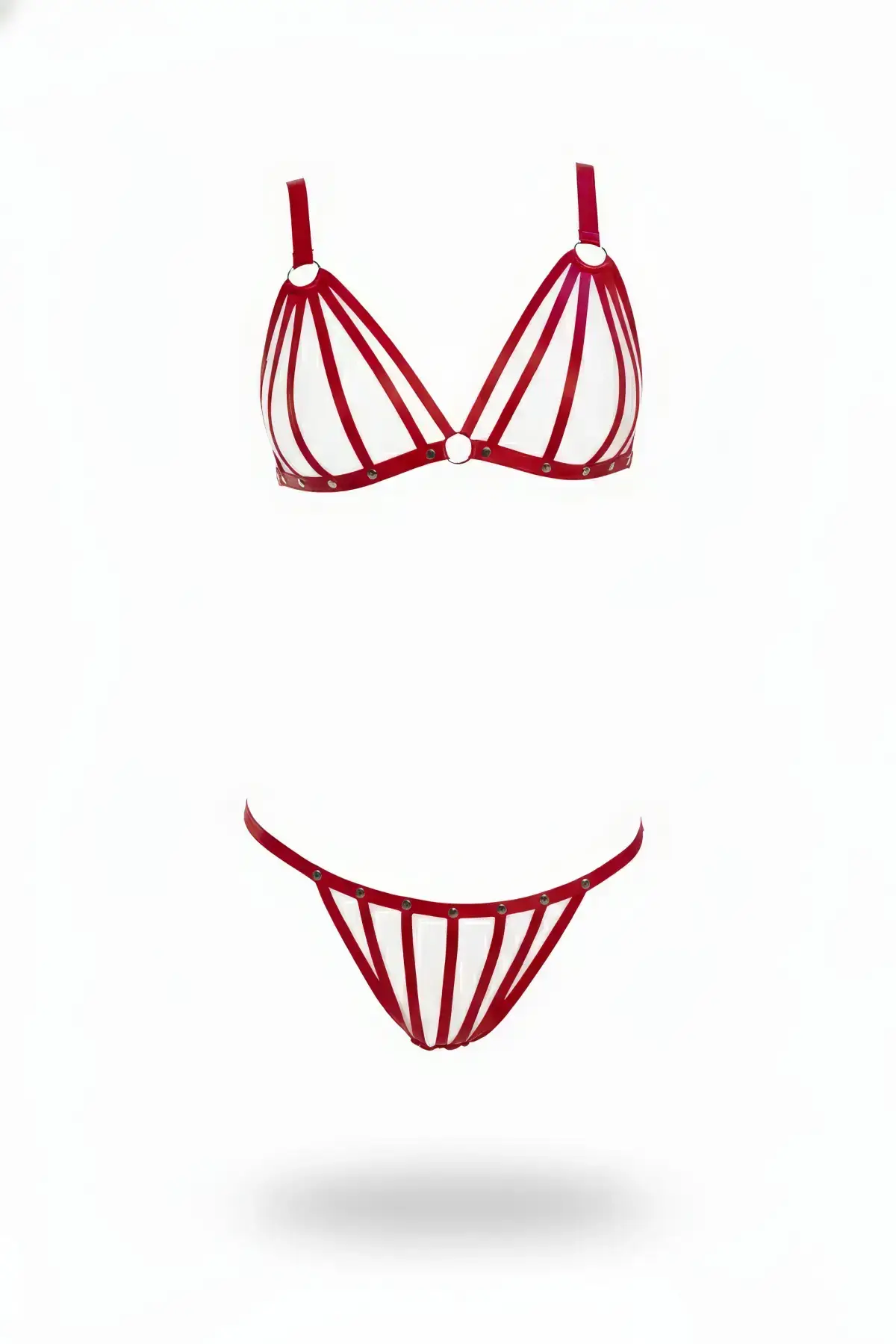 Red Harness Set with Metal Detail Bra and Panties - SH555