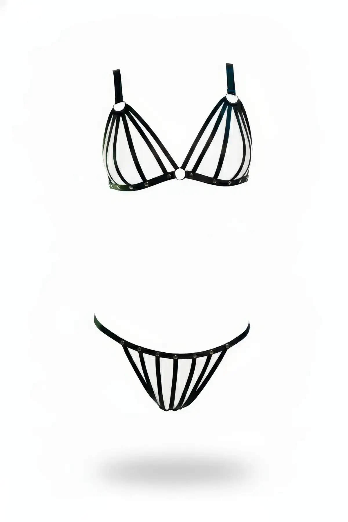 Black Harness Set with Cage Band and Metal Ring Detail - SH555