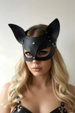 Black Leather Mask with Cat Ears Party Accessory - SH557