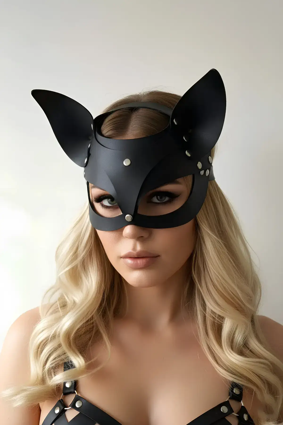 134823.webp Black Leather Mask with Cat Ears Party Accessory - SH557 - Image 1