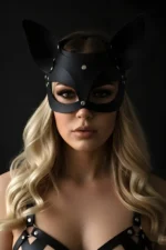 Black Leather Mask with Cat Ears Party Accessory - SH557 - Image 2