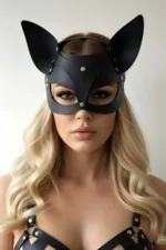 Black Leather Mask with Cat Ears Party Accessory - SH557 - Image 3