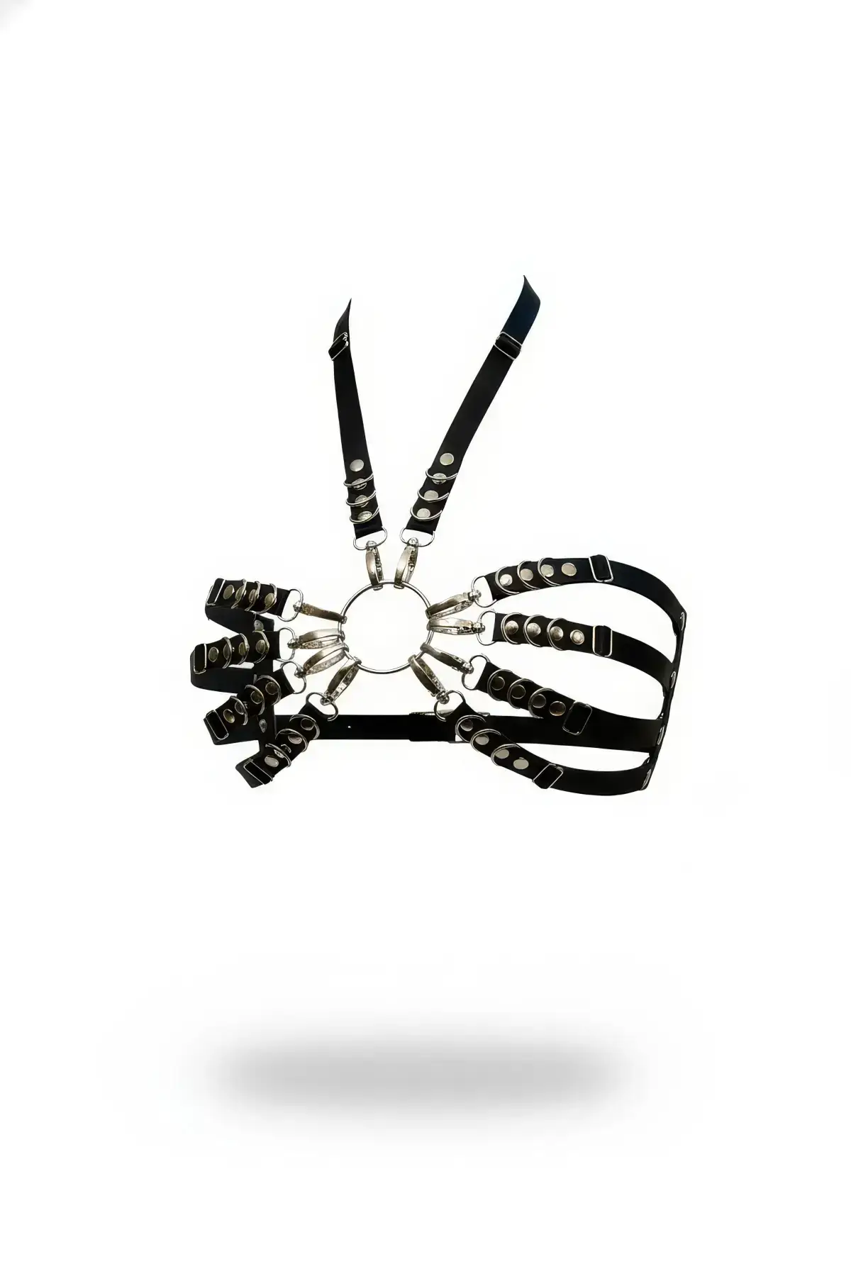 Black Chest Harness, Faux Leather with Metal Ring Detail - SH564