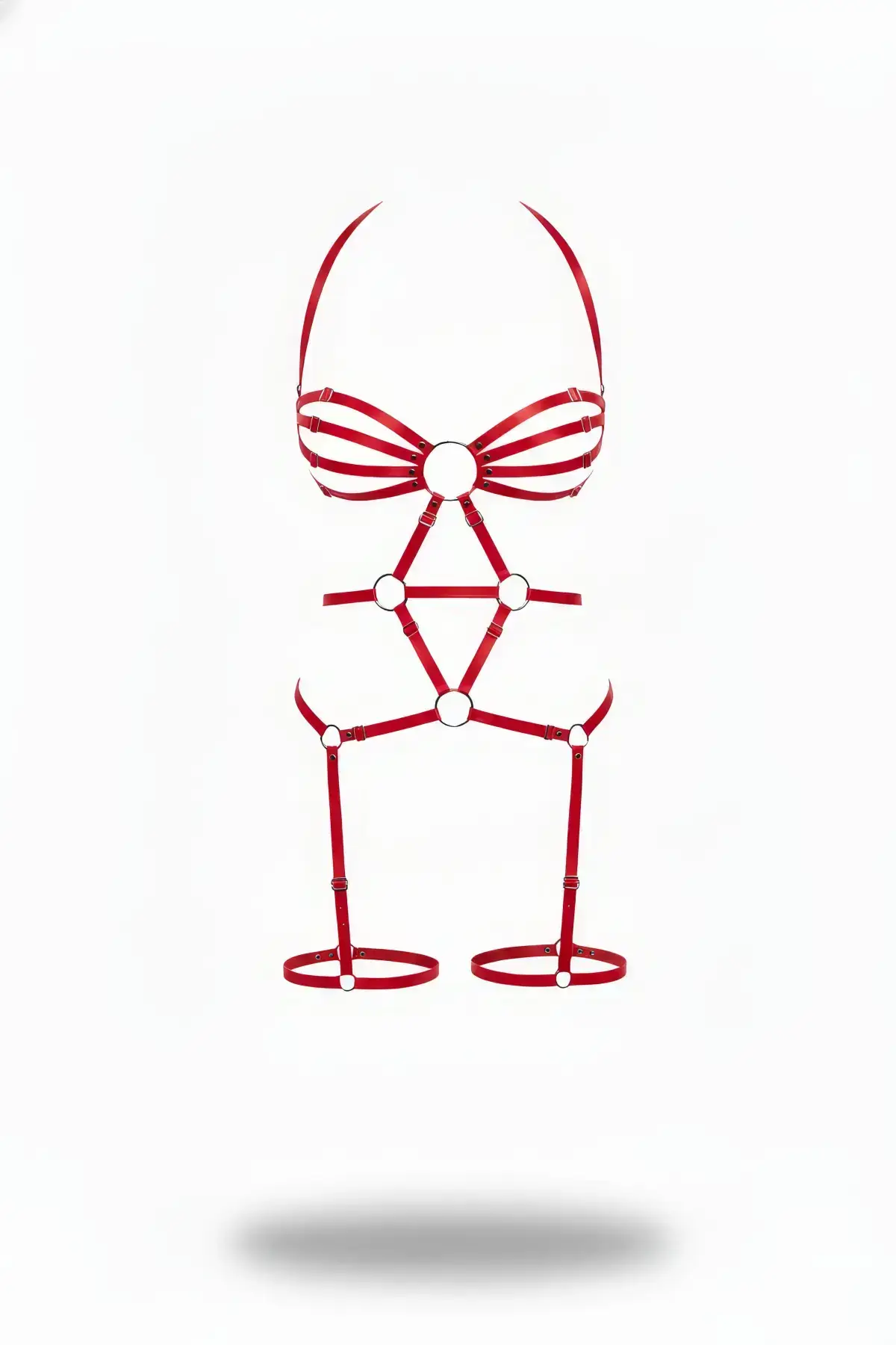 Kırmızı Halka Detaylı Geometrik Kesim Deri Body Harness SH568