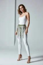 Halka Detaylı Haki Deri Mini Etek SH579