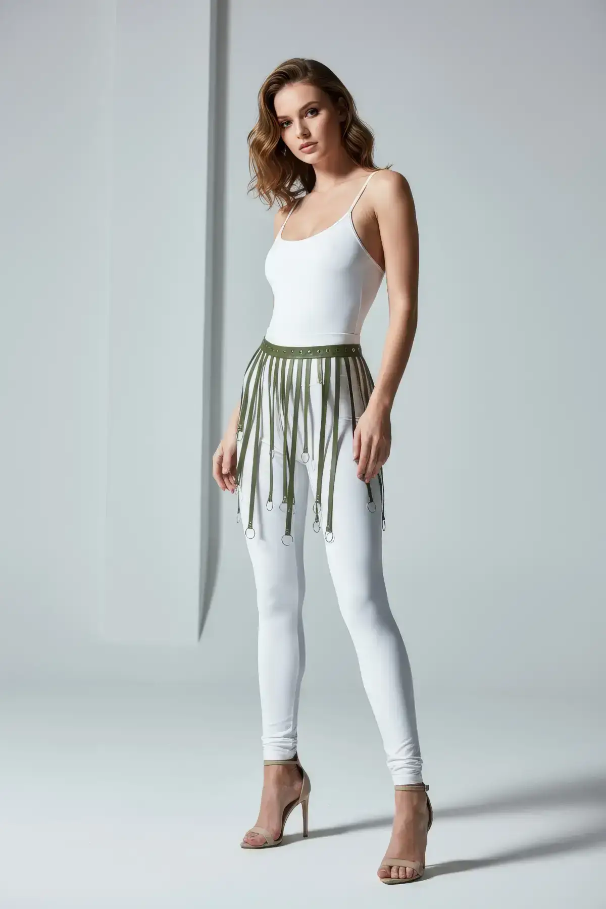 Halka Detaylı Haki Deri Mini Etek SH579