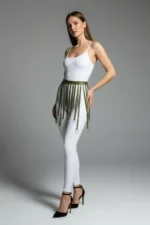 Halka Detaylı Haki Deri Mini Etek SH579 - Image 4