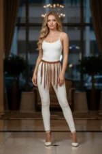 Halka Detaylı Şeritli Deri Mini Etek SH579 - Image 5