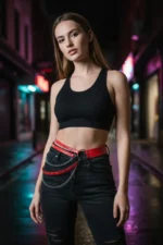 Red Women's Belt with O-Ring Buckle and Chain Detail - SH586 - Image 4