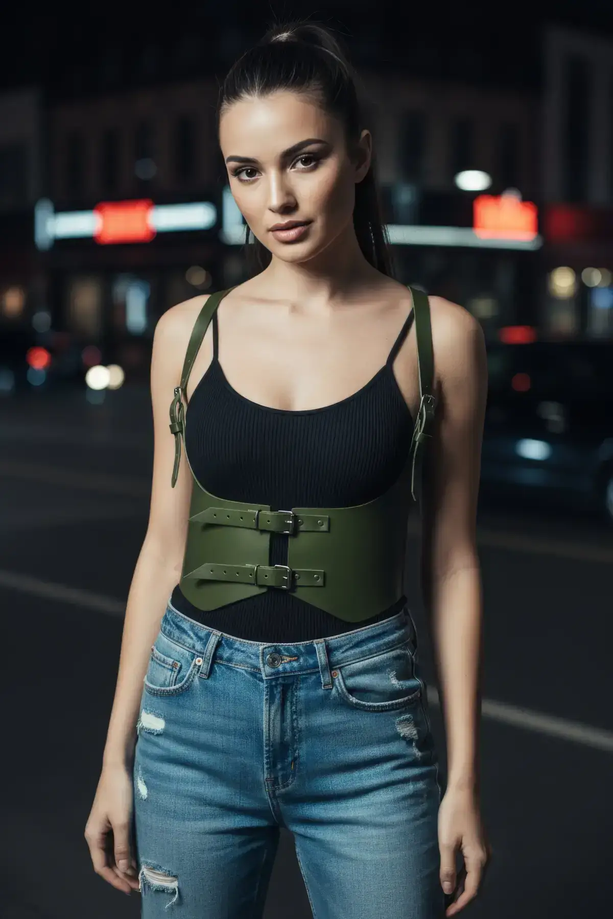 Khaki Women's Belted Corset-Style Faux Leather with Shoulder Detail - SH612