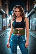 Khaki Women's Belted Corset-Style Faux Leather with Shoulder Detail - SH612 - Image 2