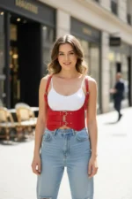 Red Women's Belt with Wide Corset Detail and Double Buckle - SH612 - Image 3