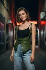 Khaki Women's Belt with Leather Shoulder Detail Wide Waist Accessory - SH616 - Image 2