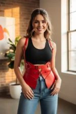 Red Women's Belt with Wide Corset Detail and Multiple Buckle Waist Accessory - SH616 - Image 2