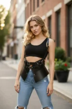 Black Women's Leather Belt with Corset Detail and Wide Waist Accessory - SH616