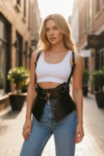 Black Women's Leather Belt with Corset Detail and Wide Waist Accessory - SH616 - Image 2