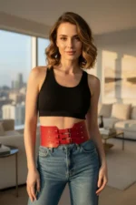 Red Women's Belt, Thick Corset Style, Three Buckles - SH618 - Image 2