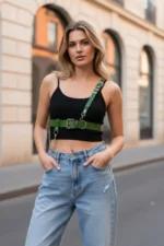 Green Women's Leather Body Belt with Chain Detail - SH620