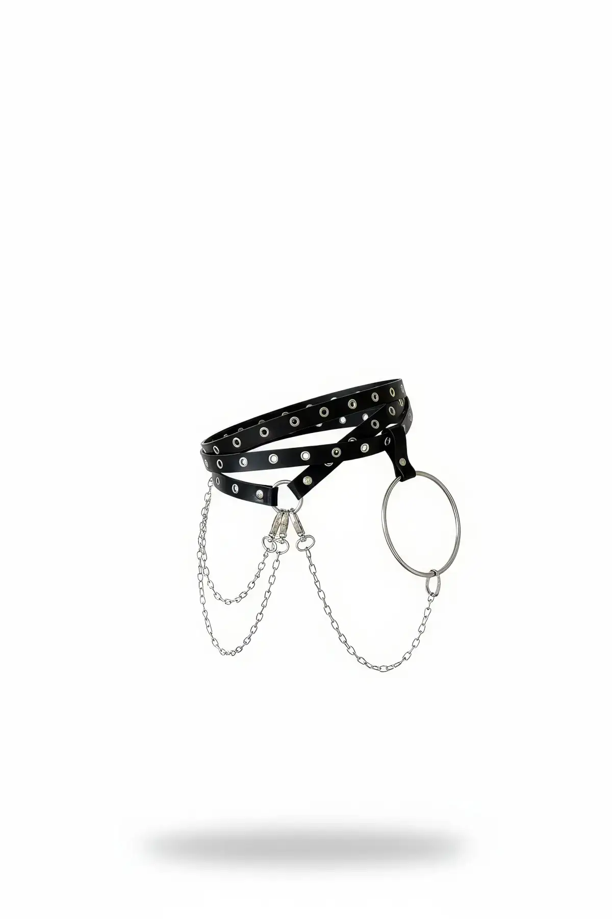 Black Women's Belt with Chain Detail and Metal Ring Waist Accessory - SH621