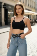 Black Women's Belt with Chain Detail and Eyelet Buckle - SH621 - Image 4