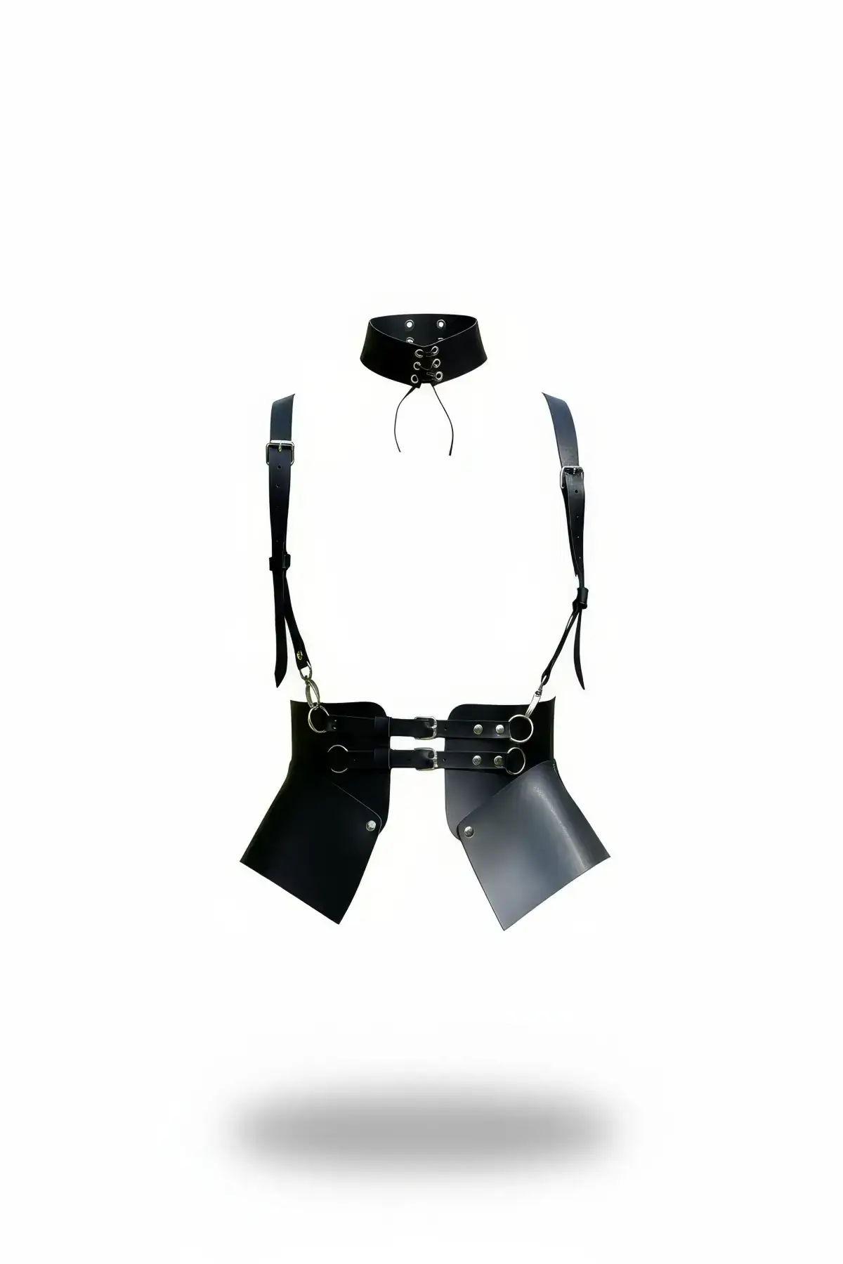 Black Women's Leather Corset with Belt and Shoulder Detail - SH622