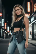 Black Women's Faux Leather Corset Vest with Belt Shoulder Detail - SH622 - Image 3