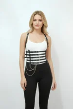 Black Women's Belt with Chain Detail, Multi-Band Corset Waist Accessory - SH626