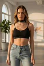 Siyah Metal Halkalı ve Gümüş Çoklu Zincir Sallantılı Choker Kolye SH629 - Image 2