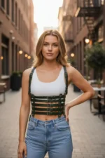 Khaki Women's Belt with Multiple Buckle Corset Detail - SH630 - Image 2