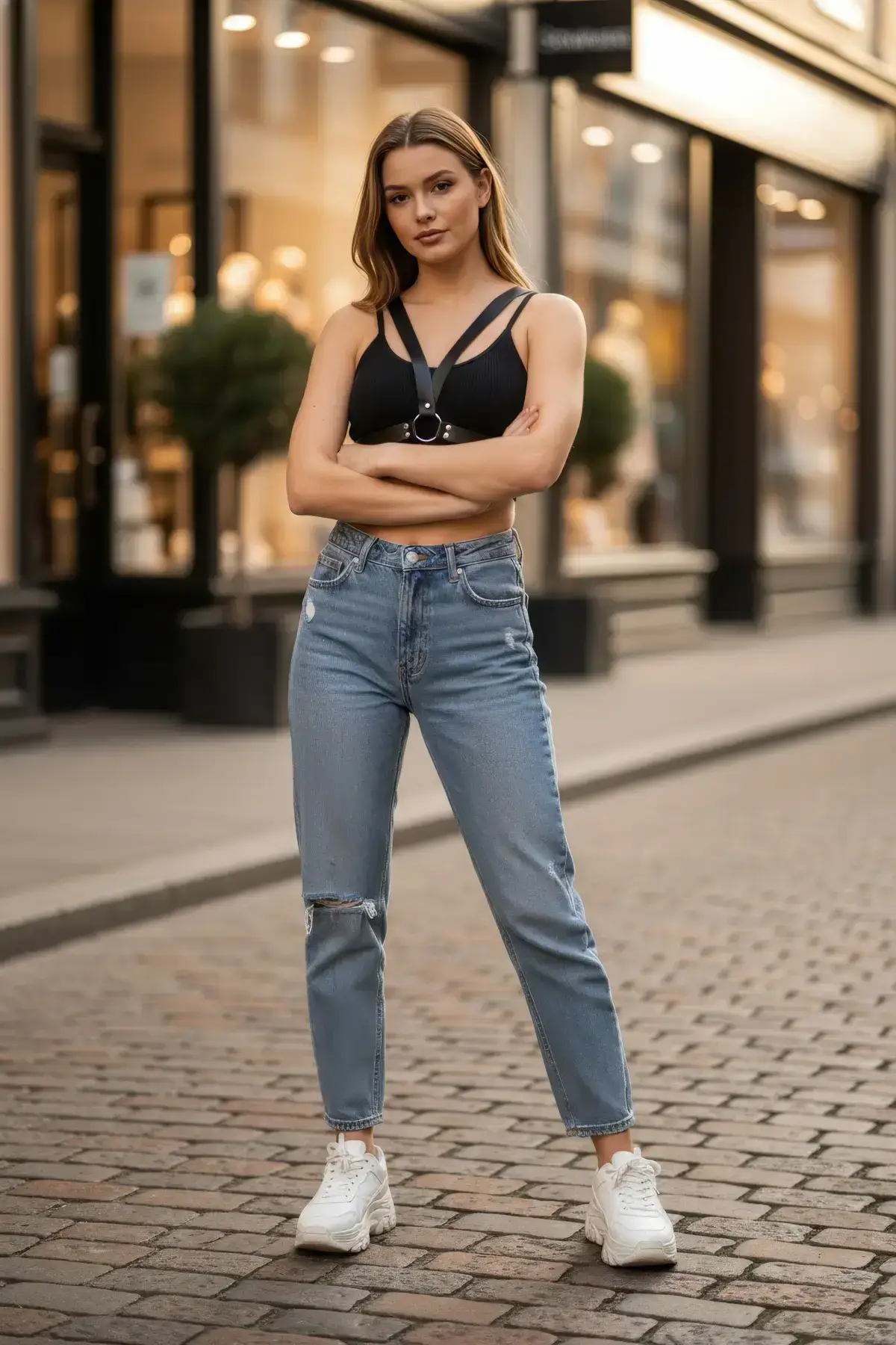 Black Women's Belt with Cross Shoulder and O-Ring Detail - SH633