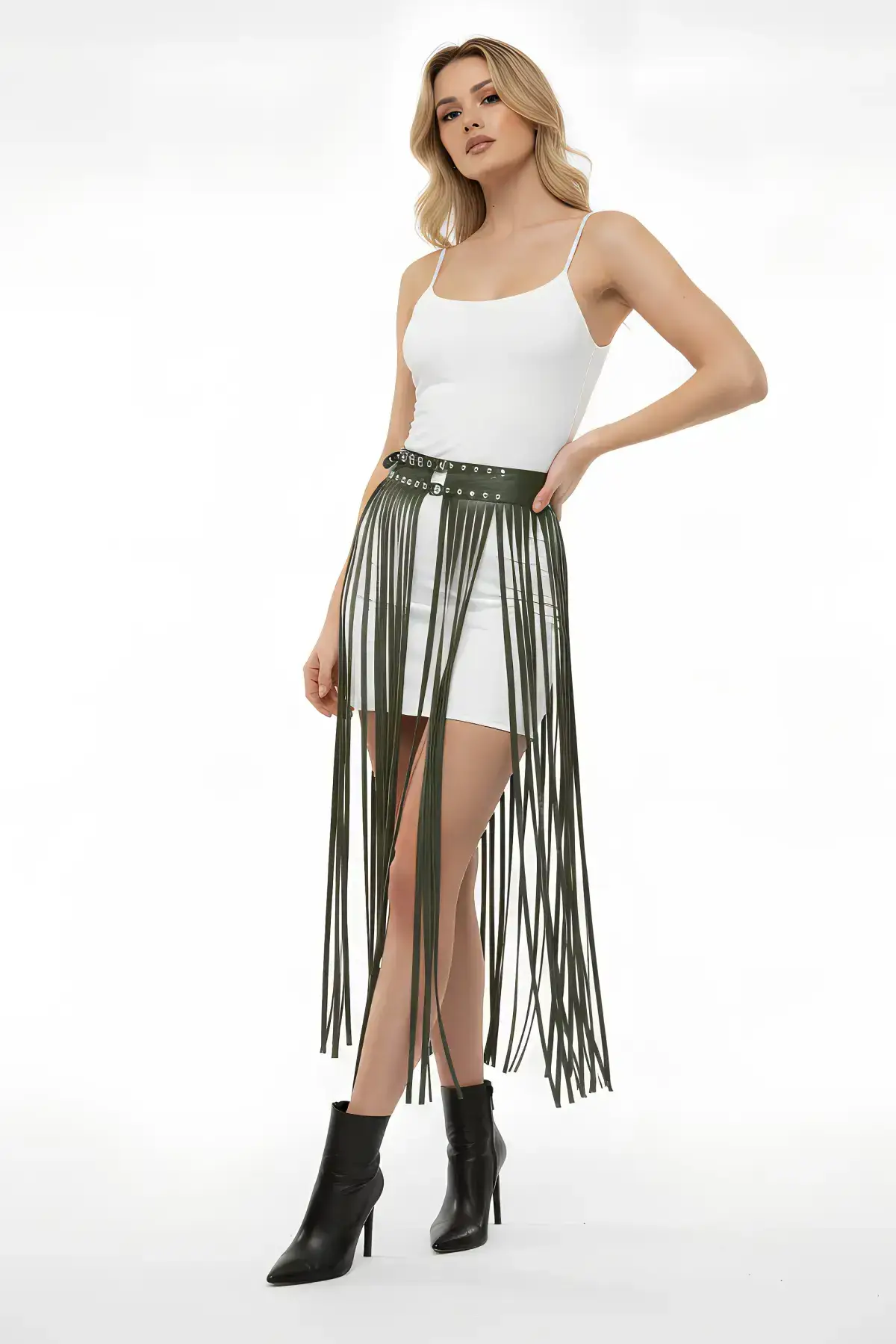 Haki Zımbalı Püsküllü Uzun Deri Etek SH637