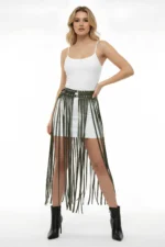 Haki Zımbalı Püsküllü Uzun Deri Etek SH637 - Image 3