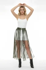 Haki Zımbalı Püsküllü Uzun Deri Etek SH637 - Image 4