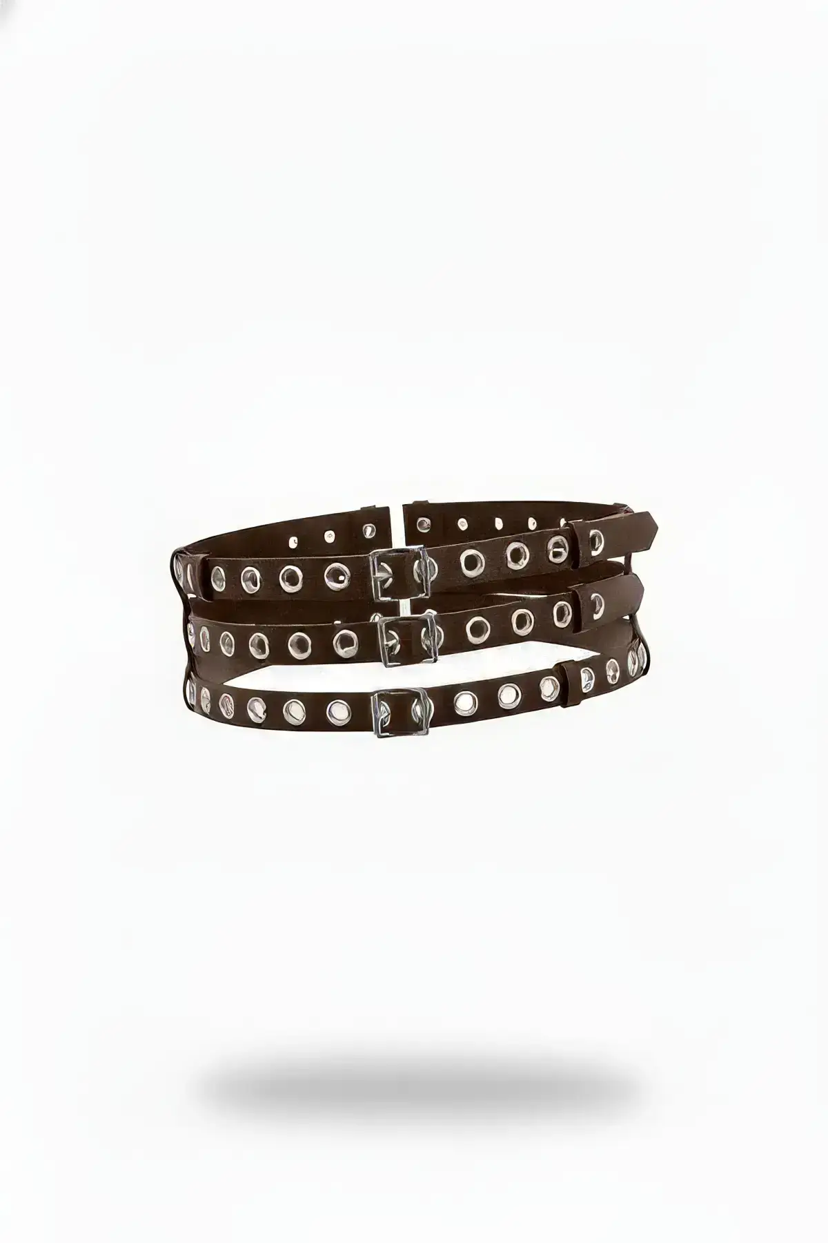 Brown Women's Belt with Triple Metal Ring Wide Buckle - SH641