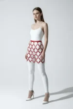 Kırmızı Baklava Desenli Halka Detaylı Deri Mini Etek SH696