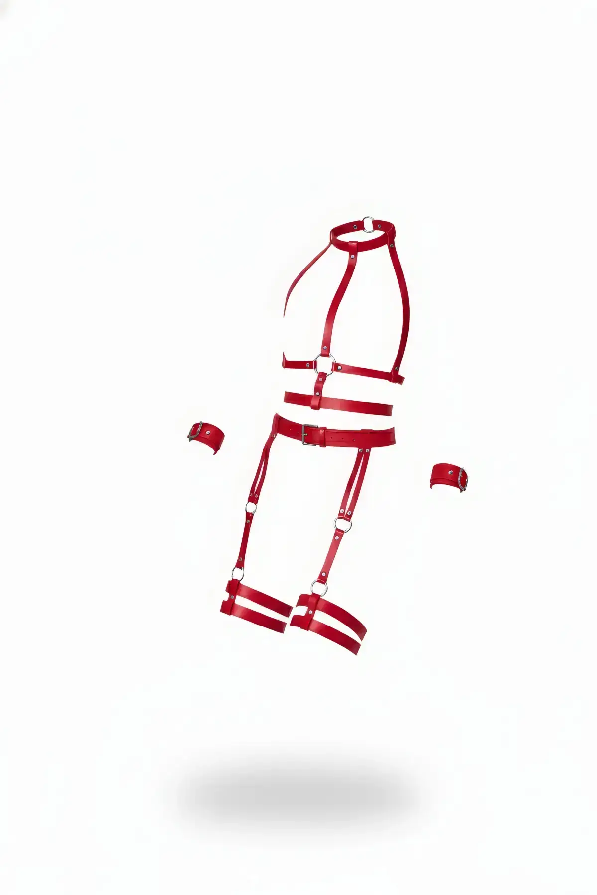 Red Garter Harness Leather Body Cage Bracelet Set - SH697